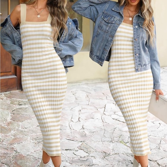 Meroke Dresses & Skirts - Women’s Stripped Knit Bodycon Square Neck Side Splint Tank Midi Dress